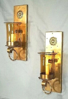 PAIR OF MID CENTURY ARTS+CRAFTS MISSION SPANISH STYLE BRASS+GLASS SCONCES - Image 1 of 4