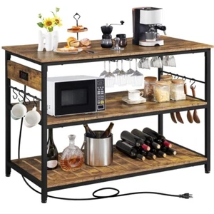Rolling Kitchen Island Cart on Wheels with Power Outlet & Glass Holder & Hooks - Picture 1 of 12