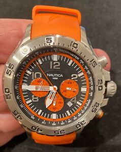Nautica Orange Rubber Band Tachymeter Chronograph 53mm Men's Watch N14538GNO BOX