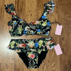 Juicy Couture Schnür-Top Blumendruck 2-teiliges Set Bikini Badeanzug Bademode Neu mit Etikett S - Bild 1 von 8
