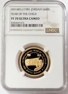 1981 GOLD JORDAN 60 DINARS YEAR OF THE CHILD NGC PROOF 70 ULTRA CAMEO - Picture 1 of 2