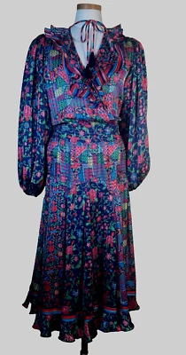Vestido midi colorido vintage década de 1980 Diane Freis plissado Georgette grande - Imagem 1 de 4
