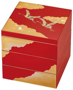 Jubako Bento Box Gold Crane Red Osechi Yamanaka lacquerware Japan 3Layer - Picture 1 of 2