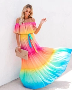Rainbow Color Ruffle Pleated swing dress S-2XL Woman Off Shoulder Maxi dress - Picture 1 of 29