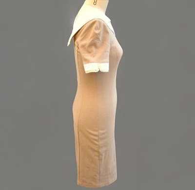 Vestido Allen Schwartz Bodycon Midi Movible Beige Elástico Manga Gorra M Borde Blanco Foto 1 de 4