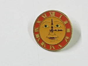Round Clock Face Sun Moon Man Enamel Lapel Pin Red Orange Sundial Pinback - Picture 1 of 2