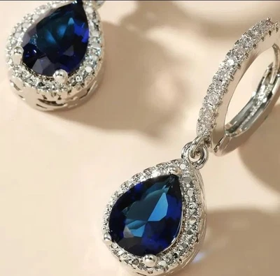 Orecchini pendenti goccia autentico zaffiro blu e zirconi con GARANZIA e NUOVI - Immagine 1 di 2