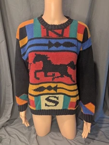 VTG Millers Sportific Western Horse Compass Heavy Knit Sweater Size S Colorful - Picture 1 of 11