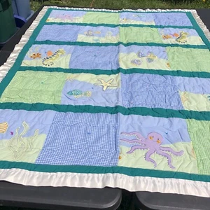 Sea Life Embroidered Applique Quilt 70" x 53" Satin Binding Gingham - Picture 1 of 14