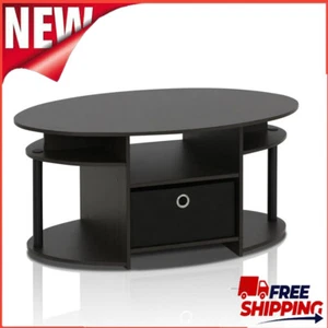 Simple Design Oval Coffee Table W/ Bin Shelves Non Woven Bin Living Room Walnut - Picture 1 of 7