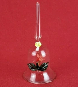 Hermosa campana vintage de vidrio transparente soplado a mano con flor roja - Imagen 1 de 5