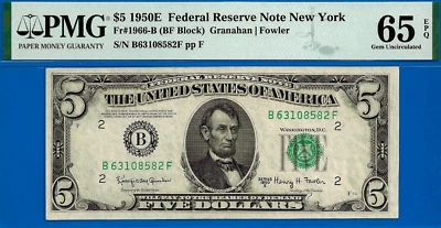 1950E $5 Federal Reserve Note PMG 65EPQ low run gem New York Fr 1966-B - Image 1 of 2