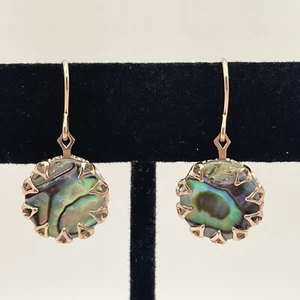 Shimmery Round Abalone 14K Rose Gold Filled Prong Set Dangle Hook Earrings - Picture 1 of 7