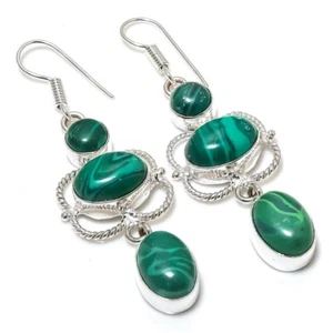 Malachite Gemstone Handmade 925 Sterling Silver Jewelry Earrings Sz 2.50" - Picture 1 of 1