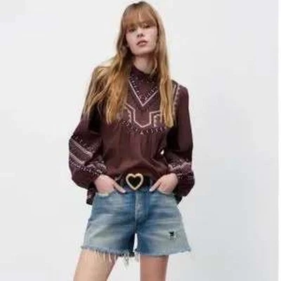 Top ZARA Mujer Boho Bordado Talla Pequeña Marrón Folk Western Campesino Top Foto 1 de 4