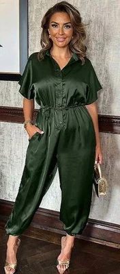 Ax Paris Satin Knopf Front Kragen Krawatte Taille Overall IN Olive (fmn3-1) - Bild 1 von 2