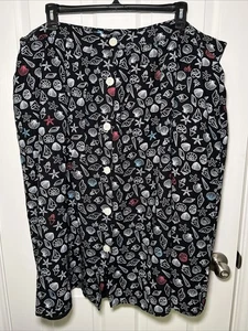 Modcloth Black Seashell Print Linen Blend Button Front Skirt Size 26W Nautical - Picture 1 of 9