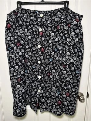 Modcloth Black Seashell Print Linen Blend Button Front Skirt Size 26W Nautical - Image 1 of 4
