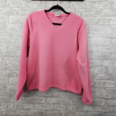 Womens LL Bean Pink V-neck Pullover Fleece Sweater Large Stretchy - Image 1 of 4