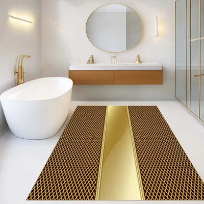 Alfombra de aspecto de malla dorada, alfombra de baño moderna, decoración de baño de lujo, alfombra de estilo industrial Foto 1 de 4