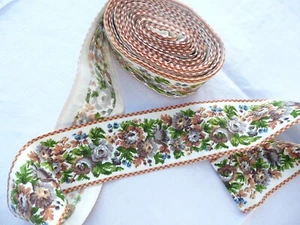 galon ancien vintage en coton à décors de fleurs et de feuillages - Imagen 1 de 6