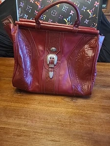 AMERICAN WEST Leather Handbag Hand Tooled Leather Satchel Sturdy Handbag Red - Picture 1 of 17