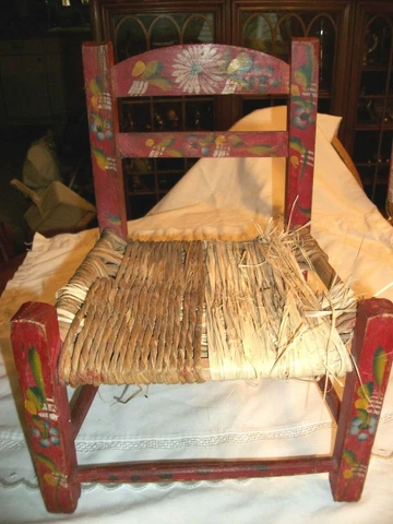 Vtg hand painted FOLK ART wooden childs chair RUSH SEAT plant holder Cover