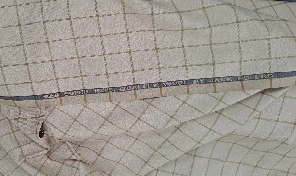 Beige Suiting Fabric windowpane box Checked Plaid Super 180s Wool Cloth - Image 1 of 1