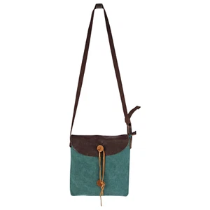 Bohemian Brown Green Leather Canvas Pouch Crossbody Shoulder Bag - Picture 1 of 11