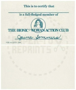THE BIONIC WOMAN ACTION CLUB MEMBERSHIP CARD - VINTAGE REPRINT - Picture 1 of 1
