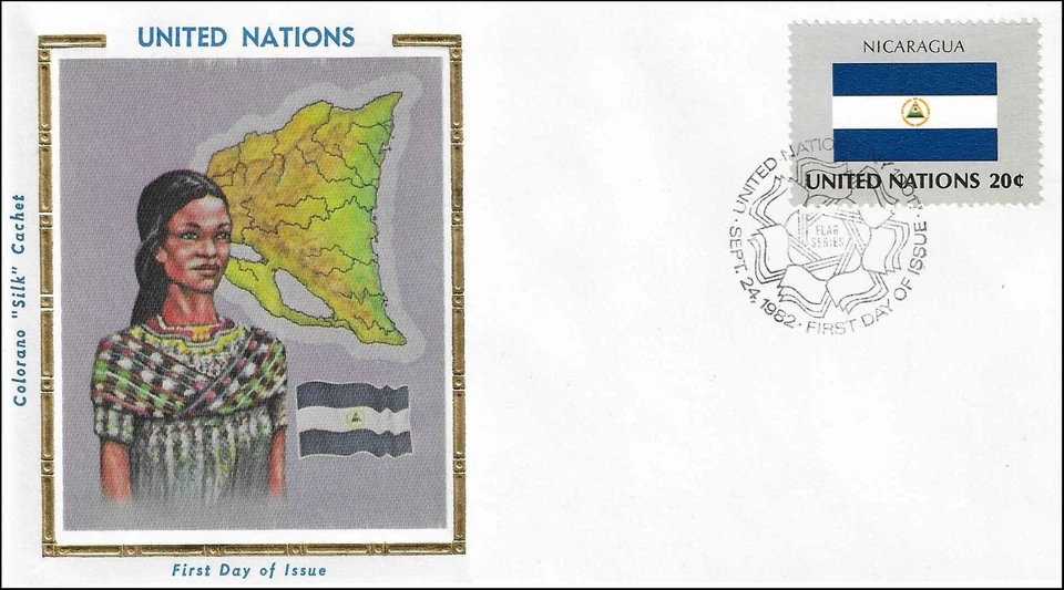Nicaragua National Costume Dress Flag Map UN Gold Folio Silk FDC Cachet 1982 - Image 1 of 1