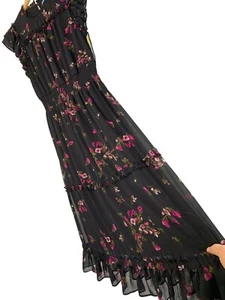 New CeCe Black Floral Flutter Sleeve Midi Dress Lined Smock Waist Size L - Picture 1 of 9