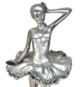 Ballerina Statue 20" Modern Metal Silver Dancing Art with wood base