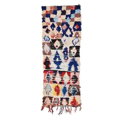 Moroccan Handmade Vintage Rug 2'5x6'5Berber Geometric White & Blue Cotton Carpet - Image 1 of 4