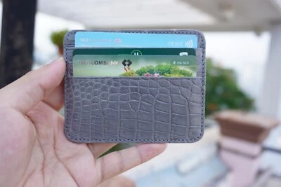 Gray Croc Genuine Belly Leather Luxury Skin Slim Card Holder Unisex Card Case - Image 1 of 4