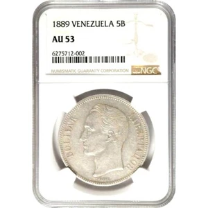 1889 Venezuela 5 Bolivares, NGC AU 53, Rare in AU - Picture 1 of 3