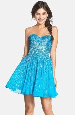 Vestido Sherri Hill Adornado Sweetheart Fit & Acampanado Seda Talla 8 Turquesa Foto 1 de 2