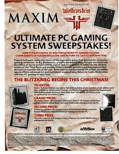 2001 VINTAGE PRINT AD - RETURN TO CASTLE WOLFENSTEIN MAXIM PC GAMING SWEEPS AD - Picture 1 of 1