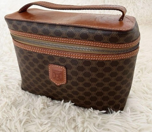 CELINE Macadam Canvas Vanity Pouch PVC Pelle Marrone Oro yk15753 Articoli di Moda