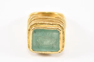 N96D02- Gold 750 18kt Siegelring mit sibirischem Smaragd & geschnittenem Wappen - Bild 1 von 12
