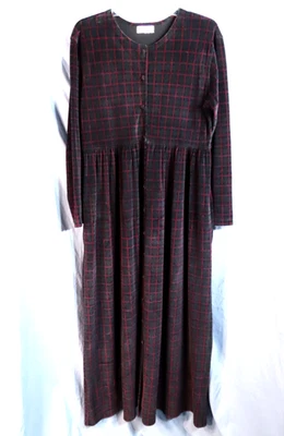 Vintage JONES NEW YORK Velvet Velour Plaid BUTTON-UP SHIFT SHIRT DRESS Pockets M - Image 1 of 4