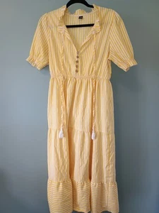 Yellow Striped Tiered Ruffled Midi Dress L Puff Sleeve Cottagecore Milkmaid - Picture 1 of 10