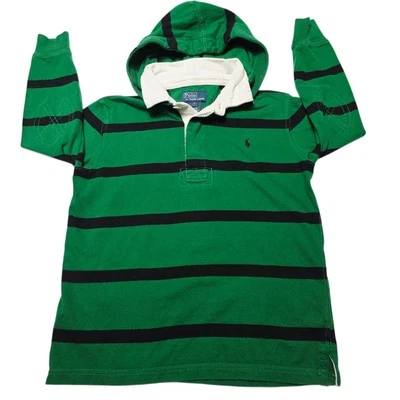 Polo Ralph Lauren Hooded Polo Striped T-Shirt Boys Size 7 Kids Green Black - Image 1 of 4