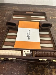 VINTAGE BACKGAMMON Game And CASE SMALL BROWN CASE SET COMPLETE 8x11 - Picture 1 of 12