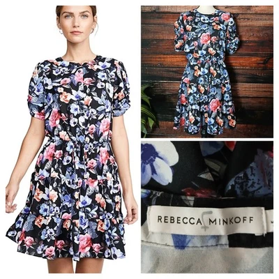 Rebecca Minkoff Aston Dress Size S Floral Ruched Sleeve Tiered Button Front $198 - Image 1 of 4