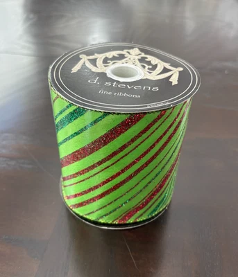 D. Stevens Green Wired Christmas Ribbon w Red & Green Glitter  4" x 10 yds - New - Image 1 of 3