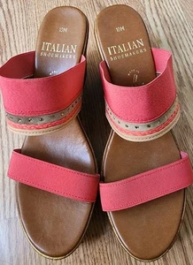 ITALIAN SHOEMAKERS Coral Brown Wedge 4" Heel Sandals Jeweled strap Women Sz 10 M - Picture 1 of 6