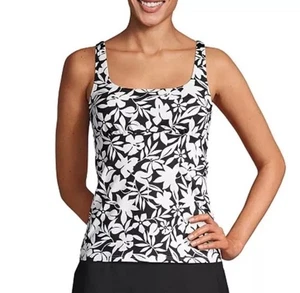 Lands End Black & White Havana Floral Square Neck Tankini SWIM TOP 10P EUC - Picture 1 of 11