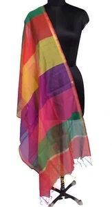 Multi-Color Banarasi Dupatta Handloom Colorblocked with Zari Border Long Stole - Picture 1 of 6