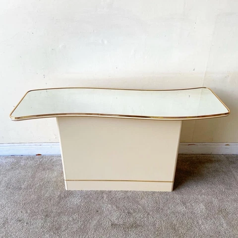 Postmodern Wavy Mirrored Top Console Table With Gold Trim Cover